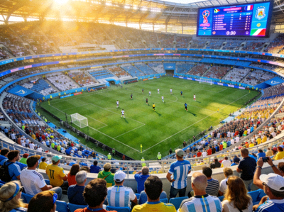 世界杯足球赛场全景俯瞰图，展示绿茵场与看台